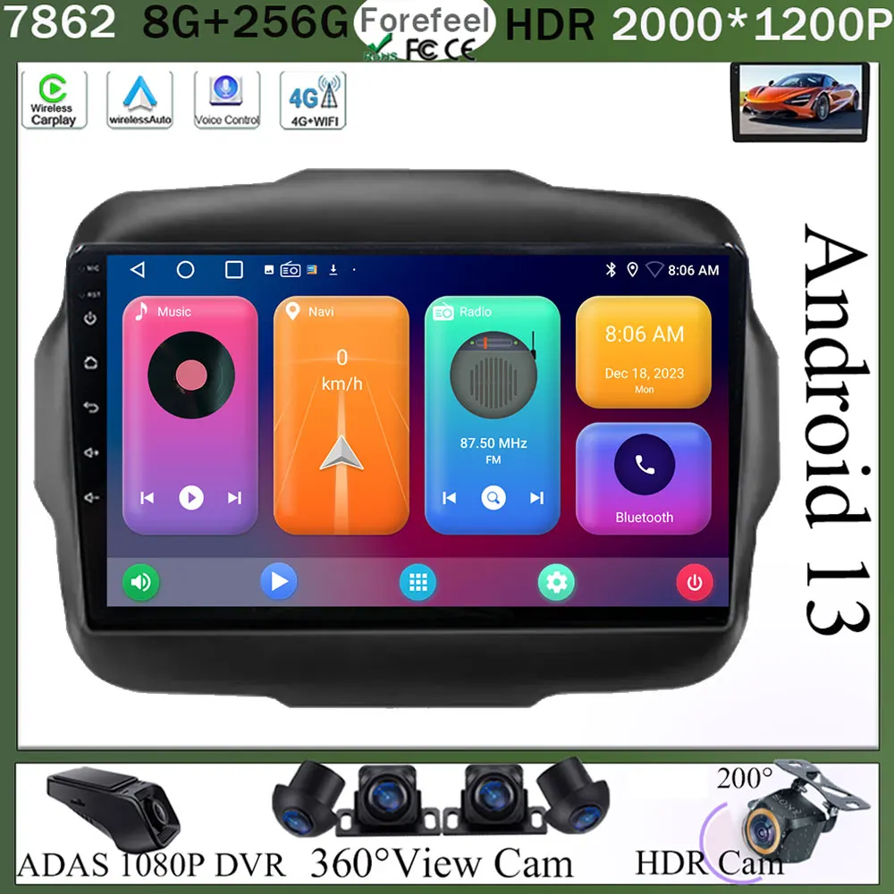 

For Jeep Renegade 2016 2017 2018 2019 2020 Android 13 Multimedia Video Player Navigation Stereo NO 2DIN DVD 5G WIFI HDR Screen