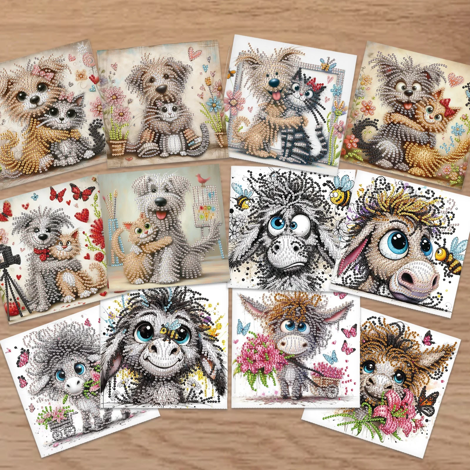 

12 шт., наборы поздравительных открыток с ромбовидной живописью для взрослых, поздравительная открытка счастливыми животными, алмазные художественные открытки для творческого декора, подарок