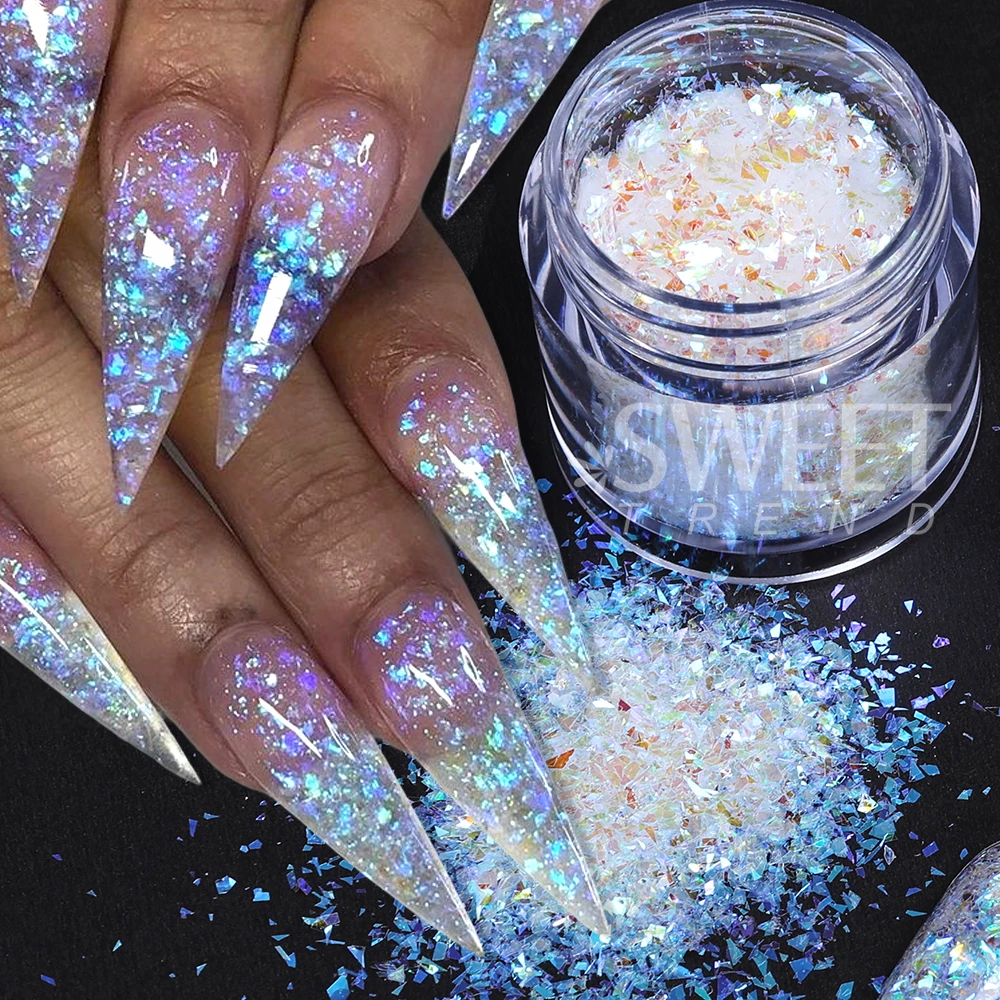 6 botellas de lentejuelas blancas iridiscentes para decoración de uñas, lentejuelas brillantes de sirena, Aurora, rodajas irregulares, escamas, lentejuelas, decoraciones para manicura