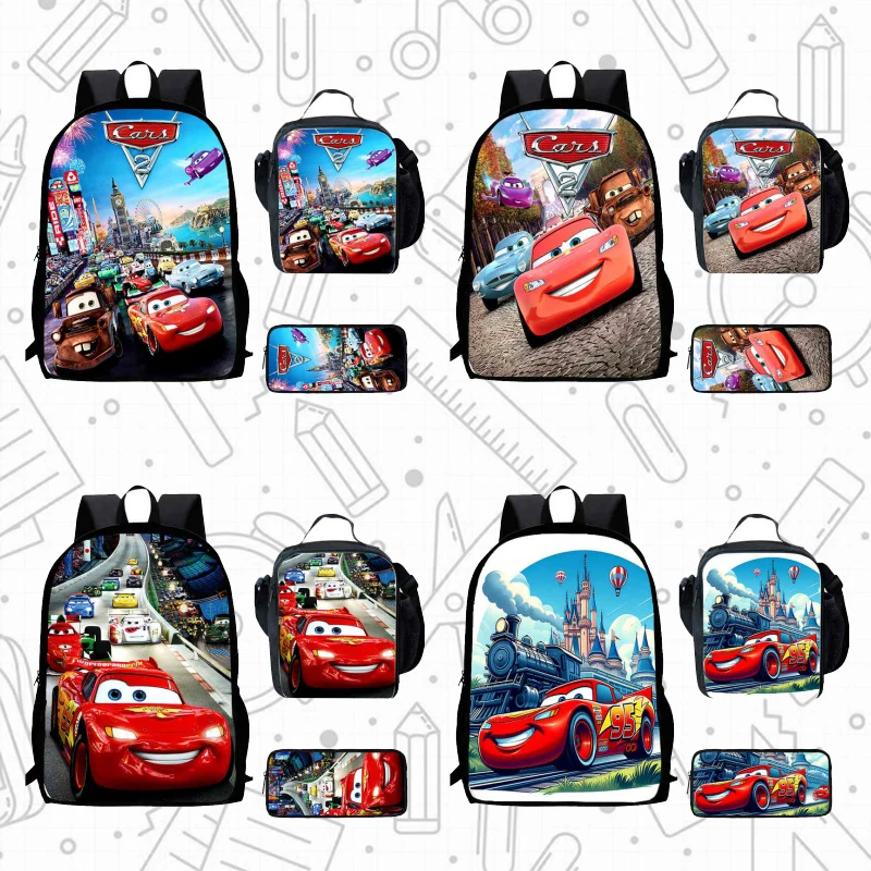 

Cartoon Cars Child School Backpack With Lunch Bags Pencil Bags For Age 4-9 ,Light Weight School Bags For Boys Girls