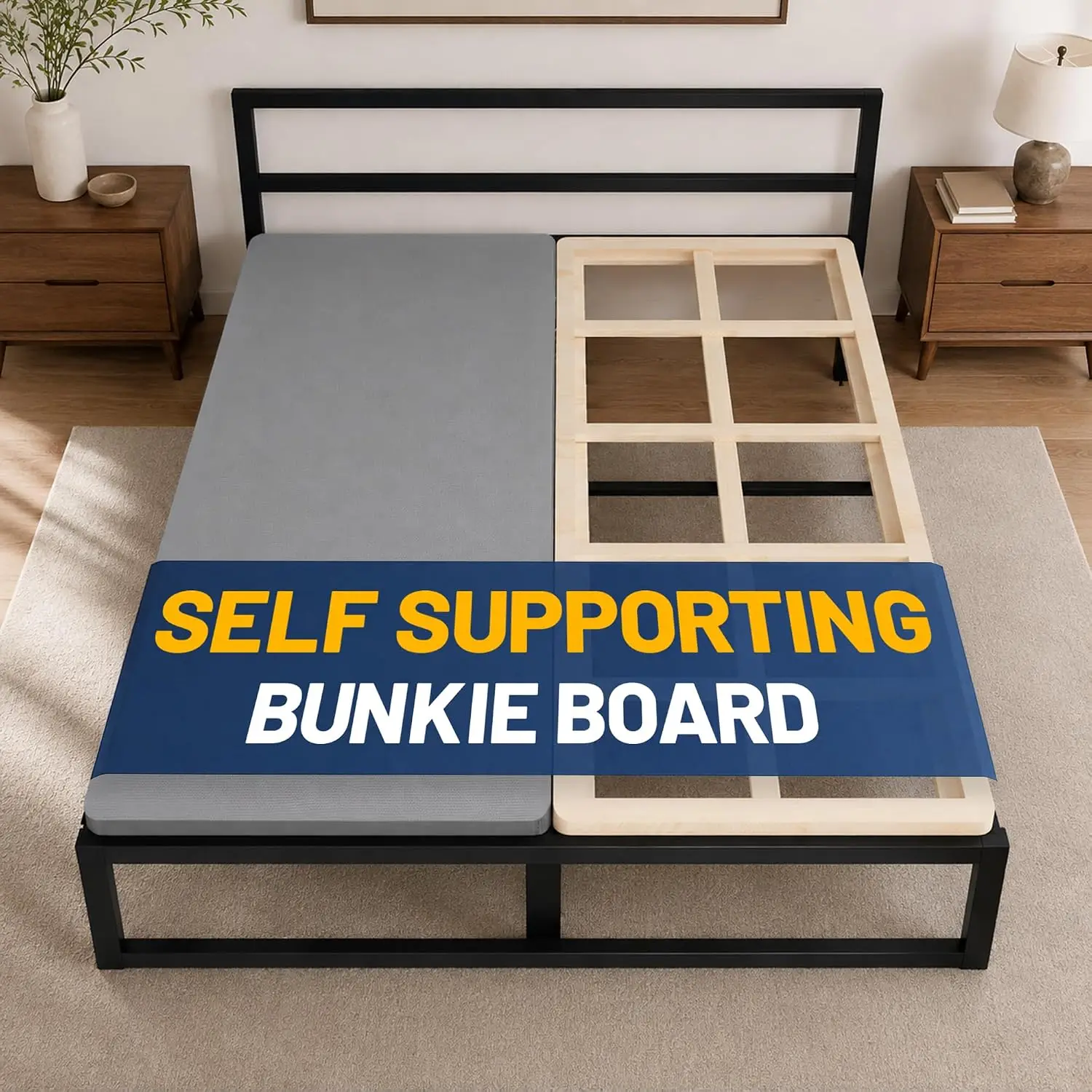 Premium Queen Size Bed Bunkie Board, 38mm Split Wood, 2-Piece Under-Mattress Support Board, Fully Assembled, with Fabric Ventilation Cover, Replaces Box Spring or Wooden Slats for Bed Frames