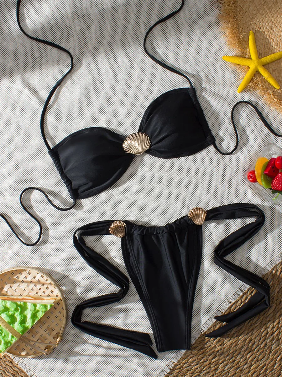 

Sexy Metal Shell Halter Strappy High Cut Bikini Female Swimsuit Women Swimwear Two-pieces Bikini Set Bathing Suit Swim Beachwear
