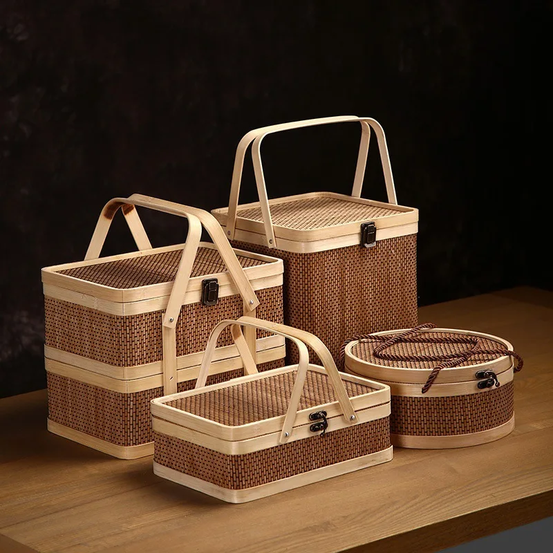 

Outdoor Picnic Cabas Bamboo Gift Dragon Boat Festival Ordinary Moon Cake Box Basket Rattan Fruit Shop Commercial Use