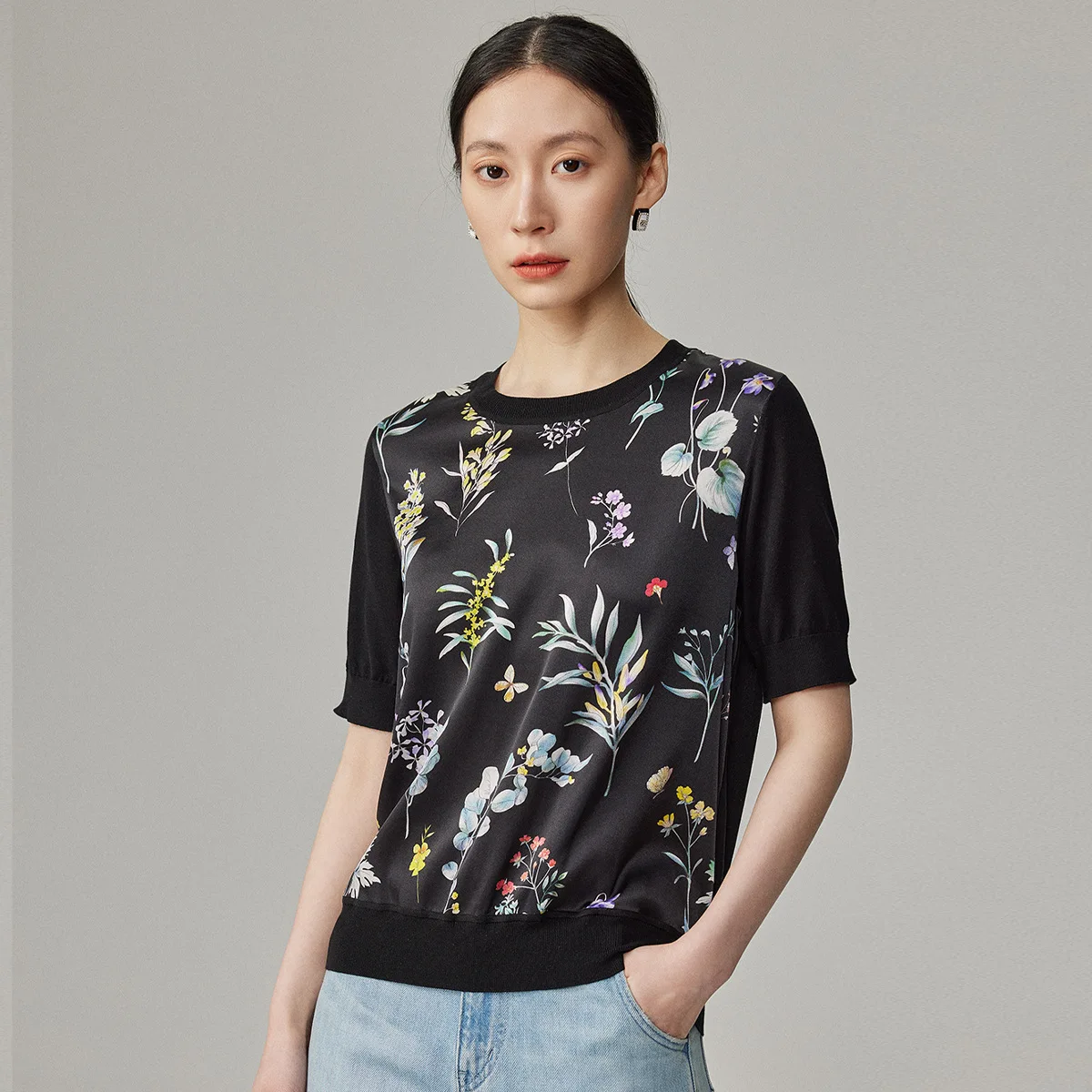 Birdsky, Summer 1PC Women short sleeve Tee T shirts blouses Top 90% mulberry silk 10% spandex plants print. S-573