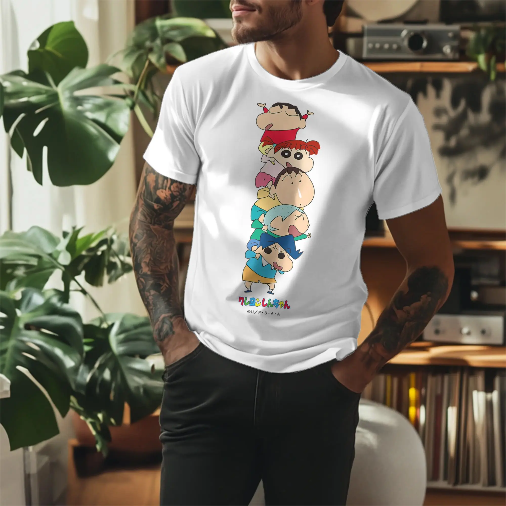 Men Crayon Shin chan Piggyback! Kasukabe Defense Corps T Shirt  Pure Cotton Clothing Crew Neck Tee Shirt New Arrival T-Shirt