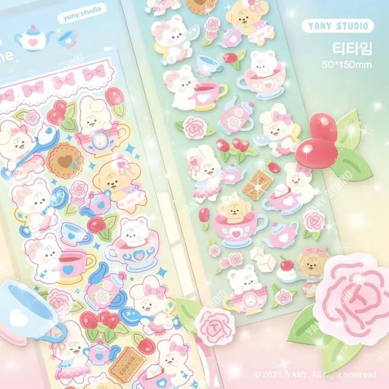Korean ins cute cartoon bear sticker hot silver laser goo card handbook DIY material sticker