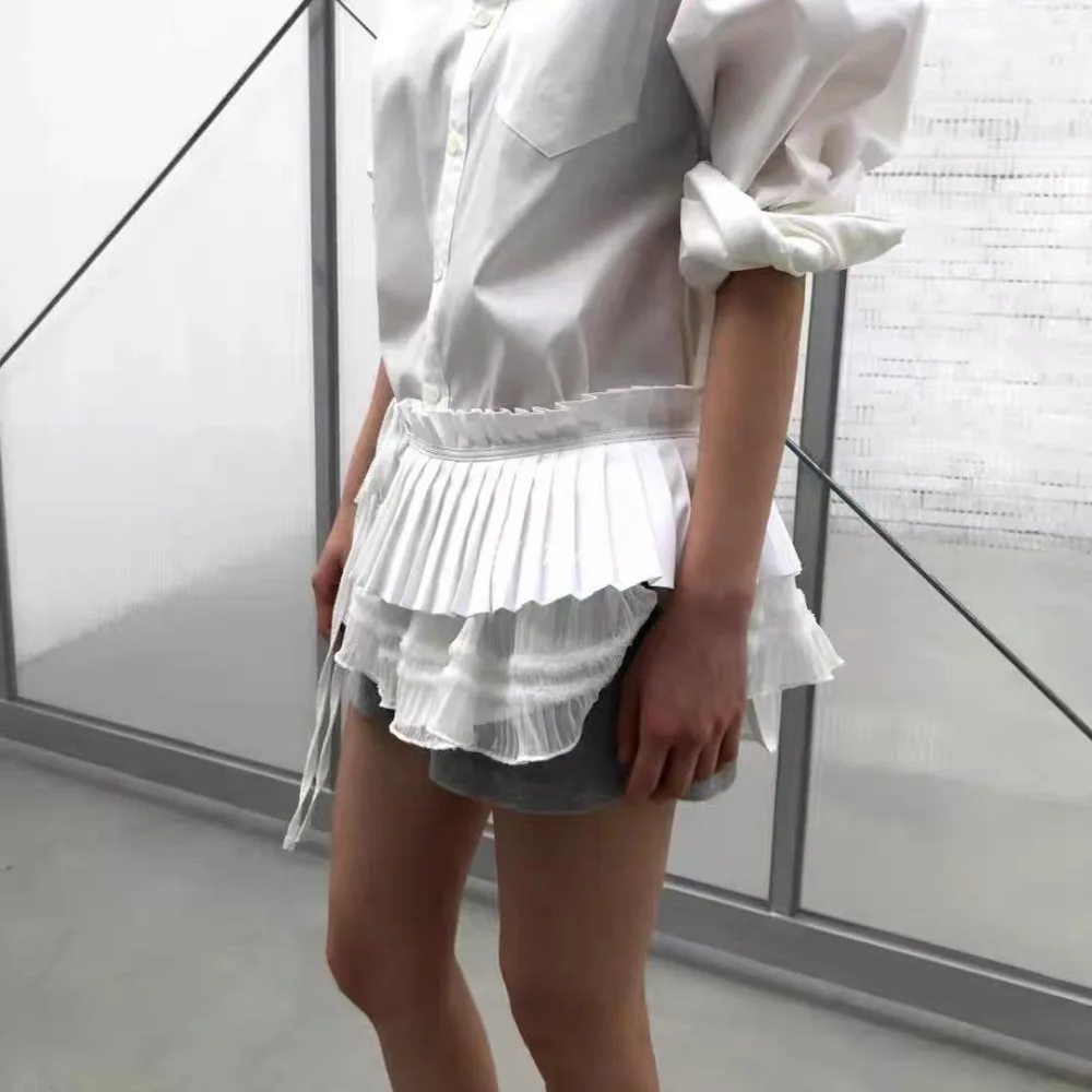 موضة الهيب هوب طبقة وتتسابق مطوي تنورة الحلو شبكة تكدرت حافة حزام Y2K قميص موسع الدانتيل يصل وشاح الورك الجينز ديكور