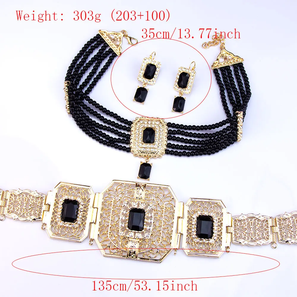 Sunspicems Moroccan Bridal Jewelry Caftan Belt Metal Waist Chain Women Bead Neck Chain Hand Rope Waistband Algeria Bijoux Set