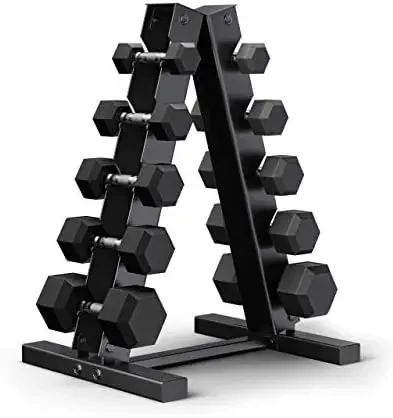 150 Pound Premium Hex Dumbbell Set - PVC Coated 5 Pair Black Dumbbell Set with A-Frame Rack - 5, 10, 15, 20 and 25 lb Dumbbells