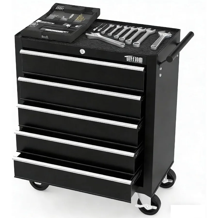 5-Drawer Rolling Tool Chest w/Drawers and Lock, Tool Storage Cabinet with Lockable Wheels, Top Cushion and Drawer Liners, Tool