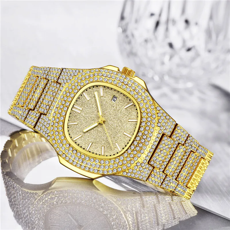 Male Golden Brand Watches Fashion Alloy Band Hip Hop Diamond Date Vintage Quartz Watch Relojes Lujo Marcas Men Montre Homme 2024