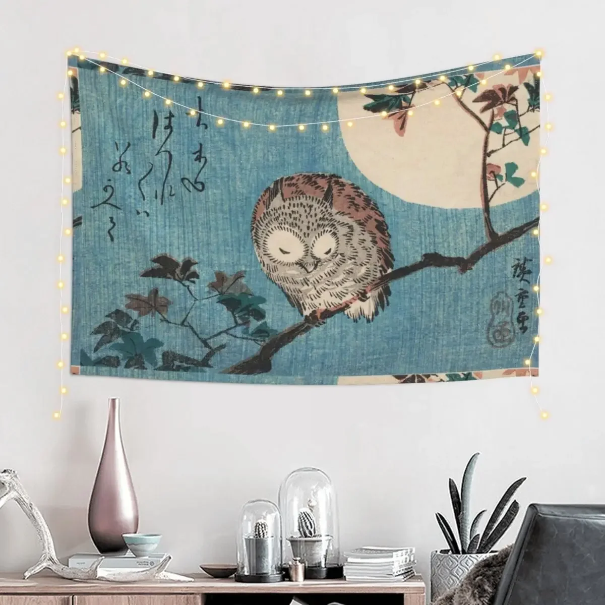 HD Small Horned Owl on Maple Branch under Full Moon, by Utagawa Hiroshige HIGH DEFINITION Tapestry Carpet Wall Tapestry