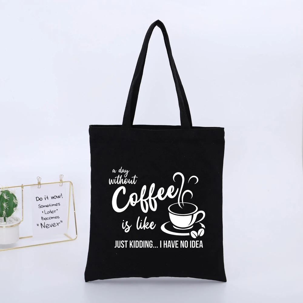 Coffee Lovers' Slogan Print Black Canvas Tote Bag, Casual Style for Daily Shopping and Coffee Runs