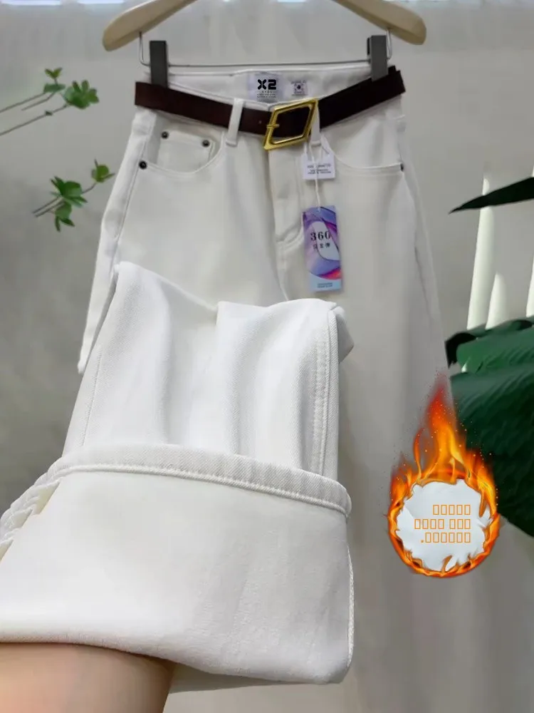 

Прямые джинсы больших размеров с высокой талией на подкладке, женские осенне-зимние широкие брюки для похудения груши