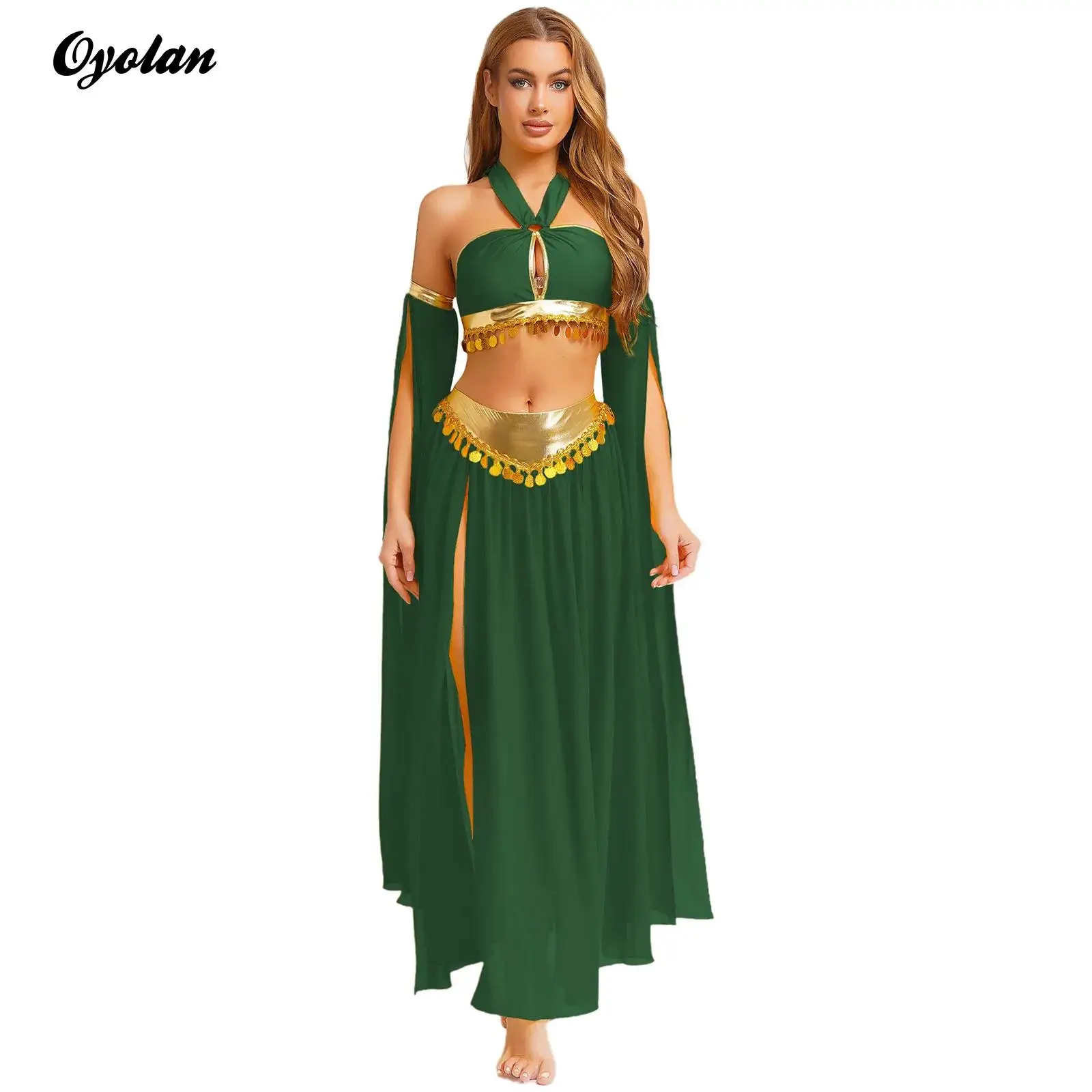 

Womens Oriental Indian Belly Dance Outfits Egyptian Costume Front Sequins Hem Crop Top with Built-In Briefs Side Slit Skirts