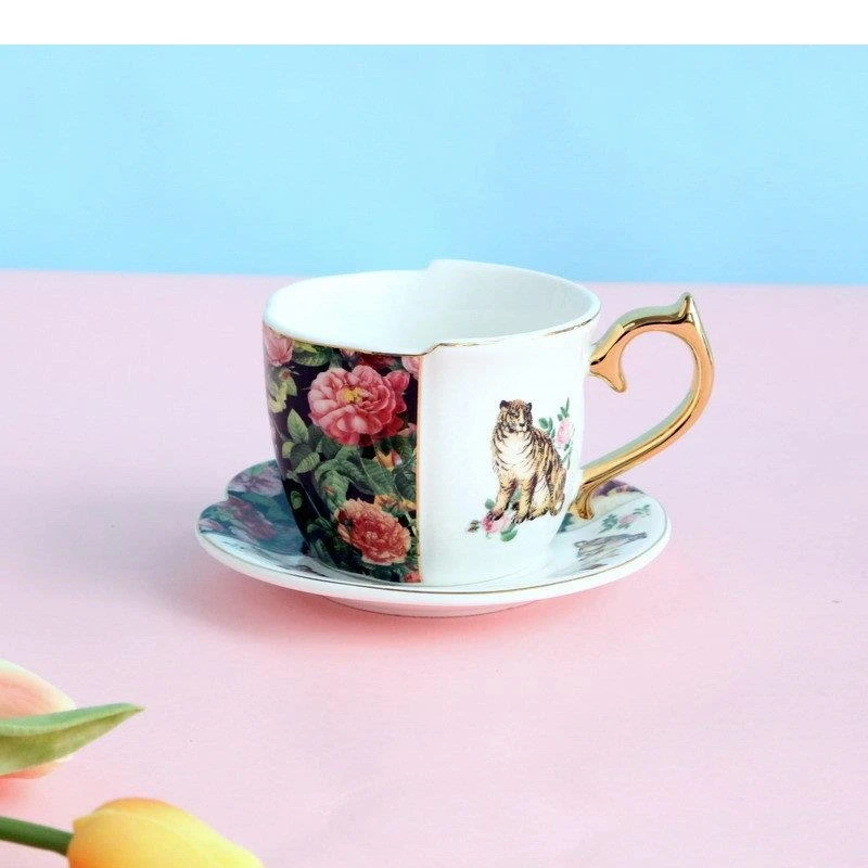 Tiger and Rose Pattern Ceramic Cups Coffee Cup Saucer Milk Tea Fruit Juice Container Asymmetrical Painted Mugs