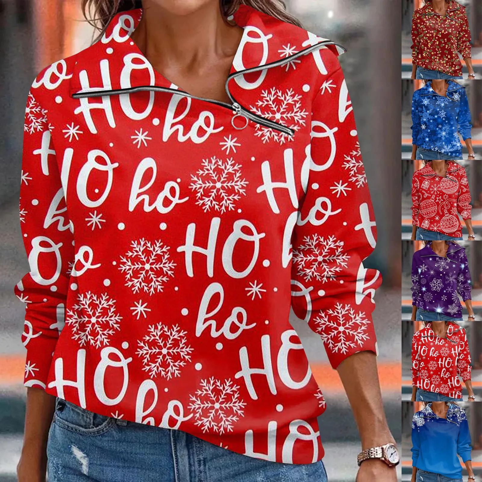 Women Christmas Sweatshirts 3d Snowflake Print Tops Festive Long Sleeve Fashion Pullovers Zipper Skew Collar Tops Sudaderas