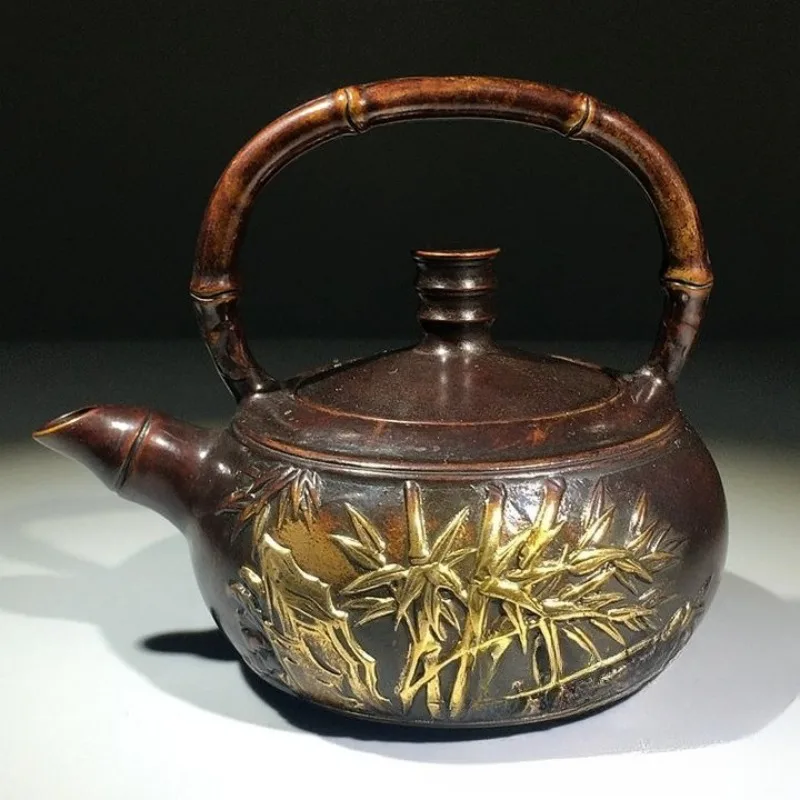 Antique Gilded Bamboo Pattern Teapot Bamboo Joint Handle Lift-kettle Chinese Vintage Tea Pot, Home Decor Collectible Ornament