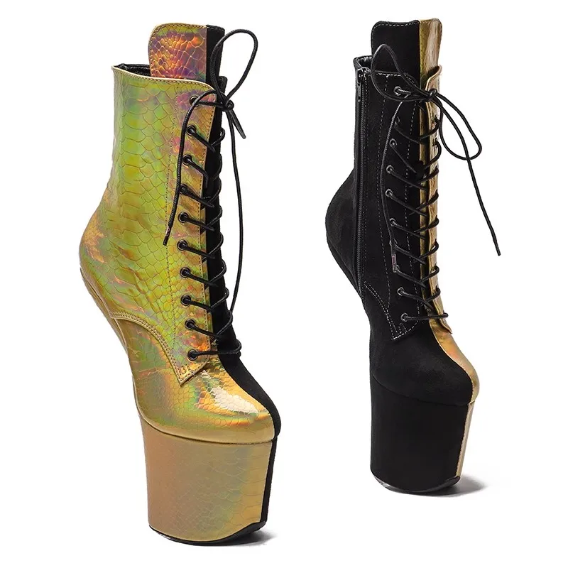 LAIJIANJINXIA New Heelles Style Snake PU with suede Upper Platform Ankle Boots Sexy Exotic heelless pole dance shoes 008