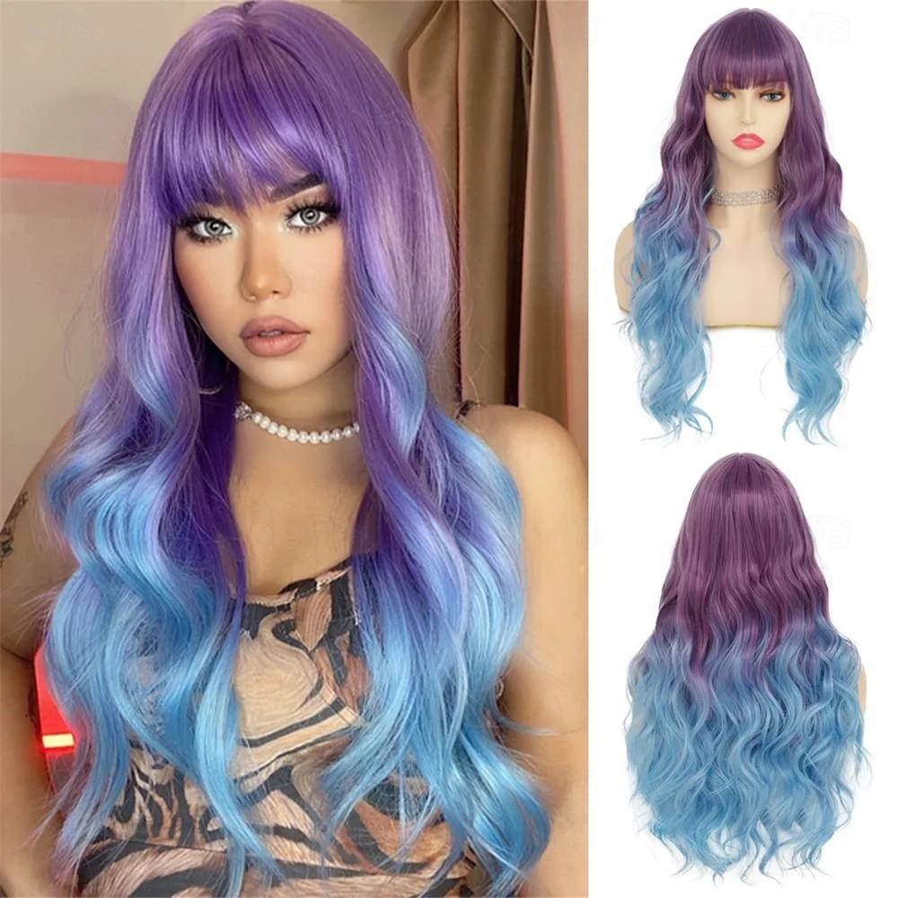 Synthetic Hair Carnival Wig Blue Purple Ombre Curly Wavy Long Synthetic Festival Wig  Cosplay Costume Hair for Women