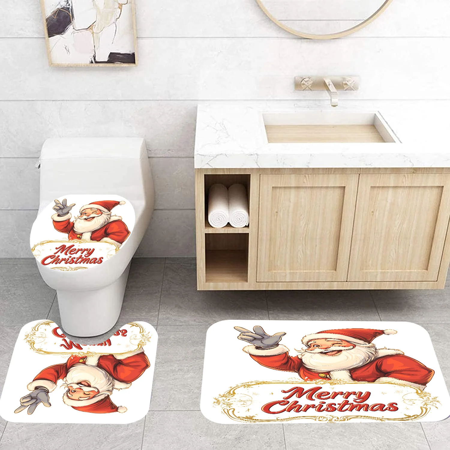 Golden Pattern Santa Claus Theme Toilet Anti-Slip Mat Floor Mat for Toilet Bathroom Door 3pcs