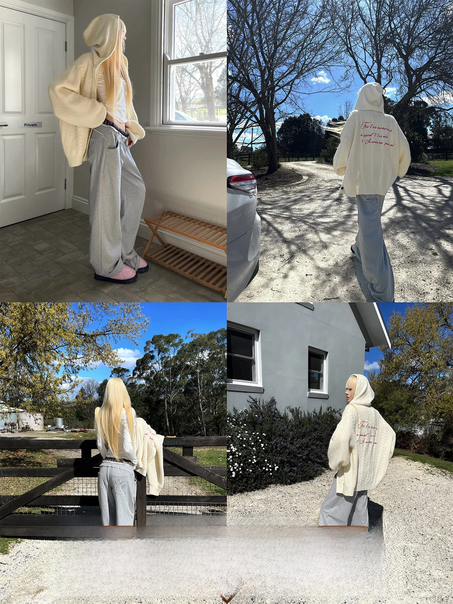 Rase Le Sol 'Relaxing Pace' Loose Wide Leg Pants Grey Frayed Hem Double Waist Flower Casual Cotton Straight Cut Trousers