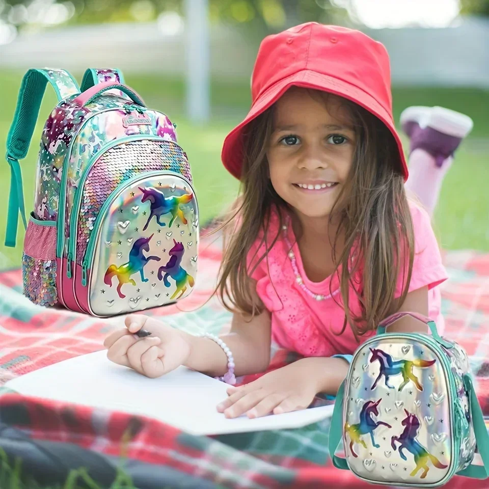 Nieuwe schooltassen voor meisjes 16-inch rugzakken voor basisschoolkinderen Rugzak met pailletten en lunchboxtas voor de kleuterschool Mochila