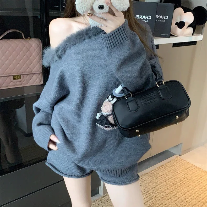 

Two-Piece Sweater Fur Collar Sloping Shoulders And Loose Pullover Grey Casual Straight Knit Shorts Women Autumn Winter Suit