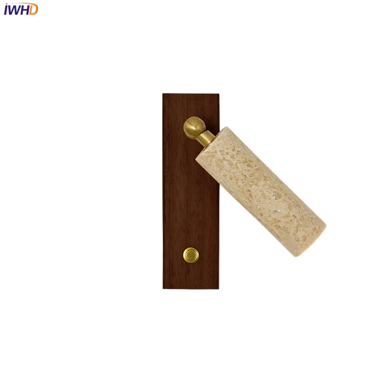 

IWHD Wood Canopy LED Wall Light Fixtures Living Dining Room Yellow Travertine Stone Button Switch Bedside Lamp Sconce Luminaire