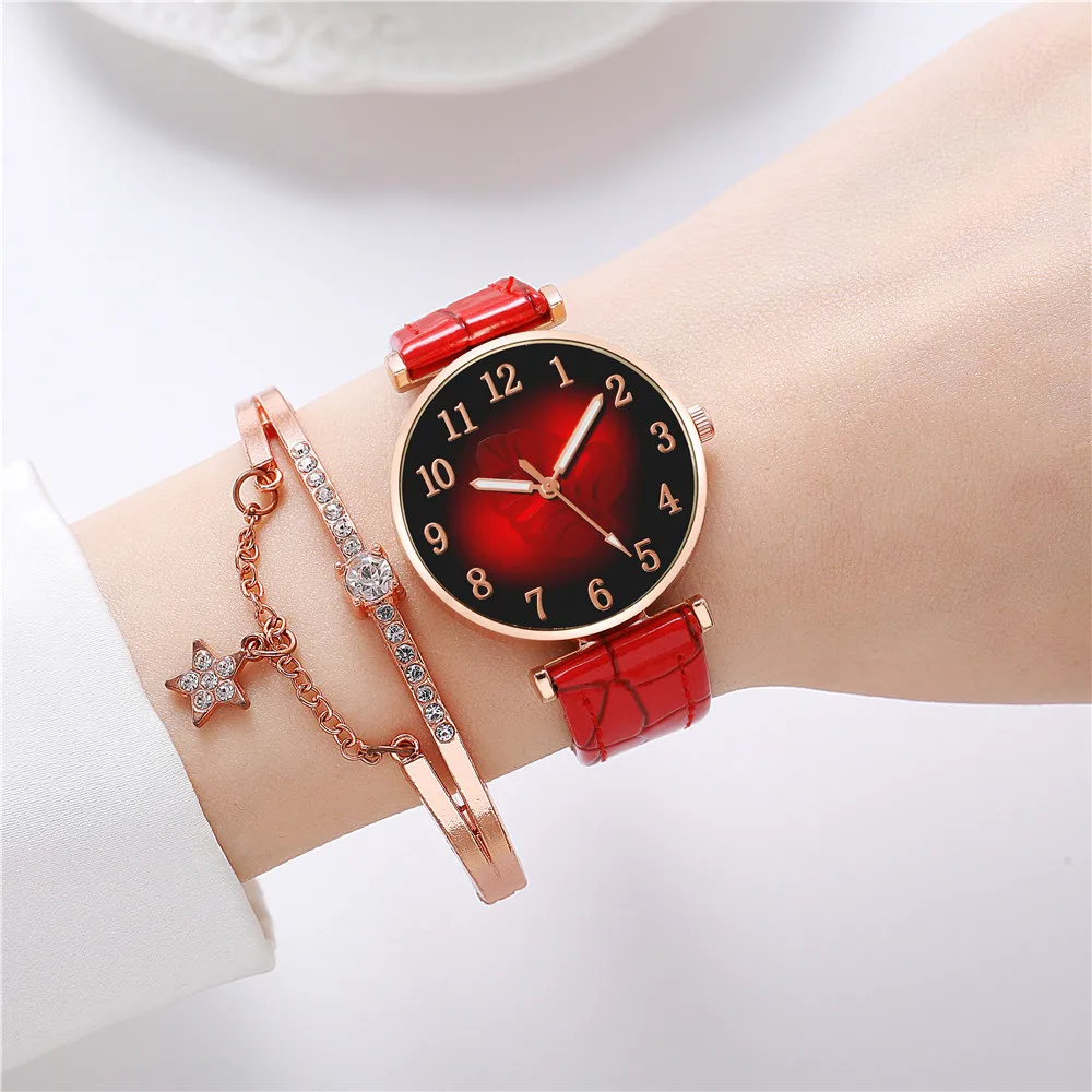นาฬิกาข้อมือผู้หญิงชุด2ชิ้นผู้หญิงนาฬิกาควอตซ์ผู้หญิงหนังสร้อยข้อมือนาฬิกาหรูหราลำลองสำหรับแฟน