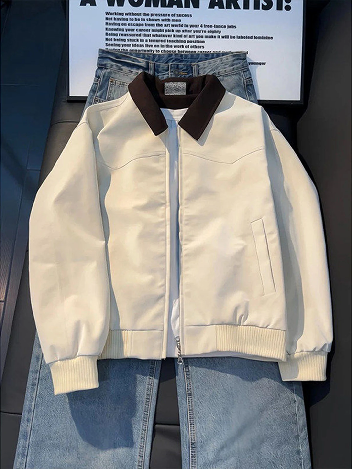 Cleanfit Khaki PU Leather Flight Jacket Men's Spring Autumn Short Collar Baseball Style Outerwear Durable Polyester Fiber