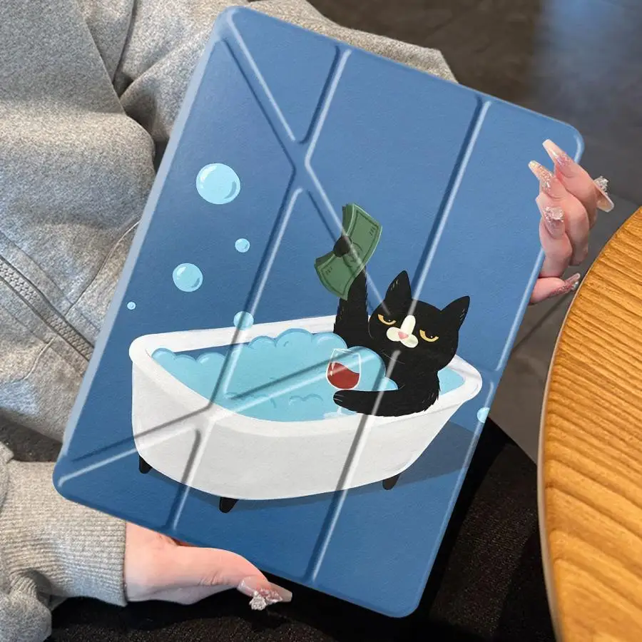 Creative Cat Drinking Alcohol Cute with Pencil Slot Case for Apple iPad Air 8 M2 M3 3 Pro M4 13 2025 2026 Mini 7 6 5 10th Gen