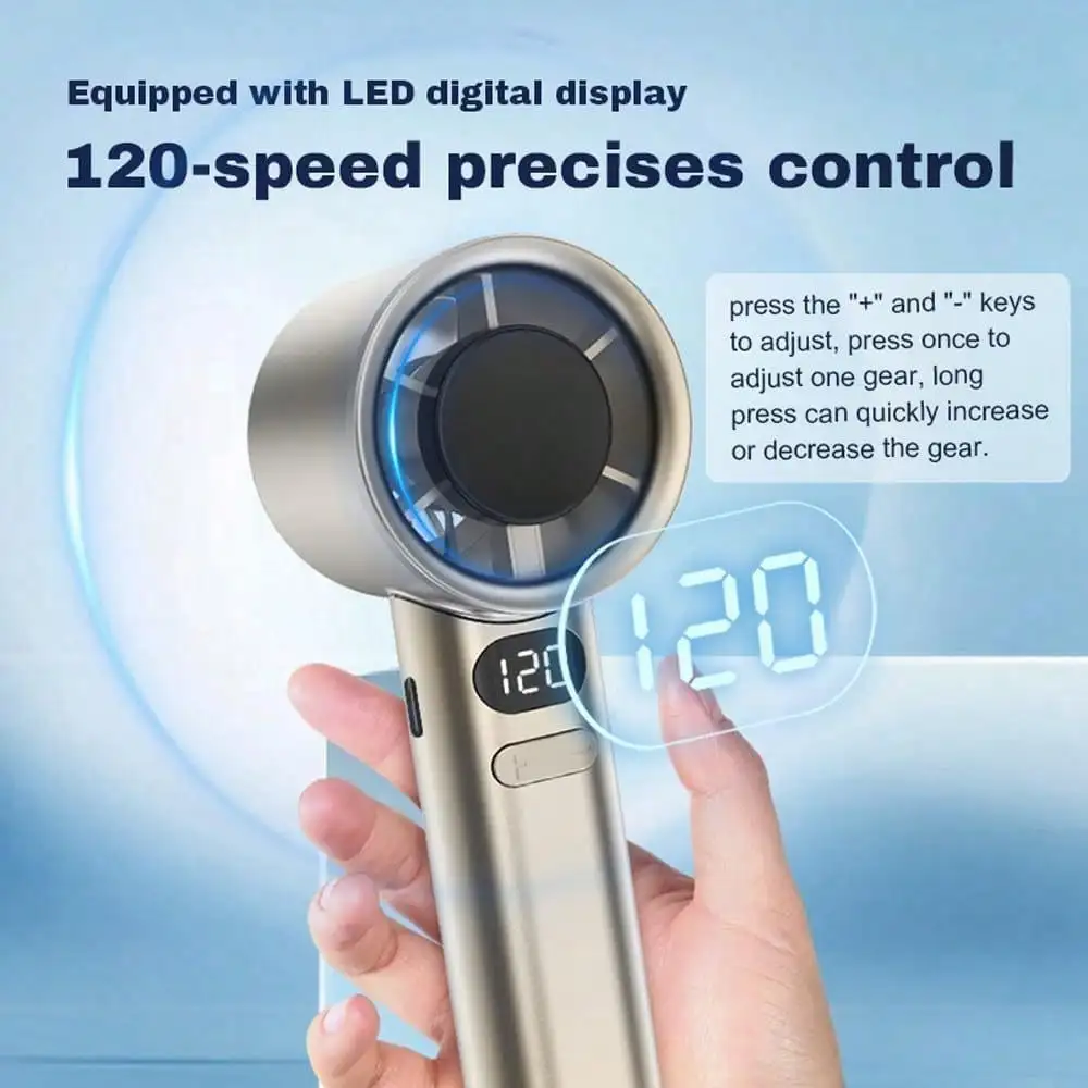 1-Pack Portable Handheld Fans With Digital Display, USB Rechargeable Mini Turbofan, 120-Speed Adjustable Quiet Fans For Travel, Camping, Home, Office & Summer Outdoor Use view 4
