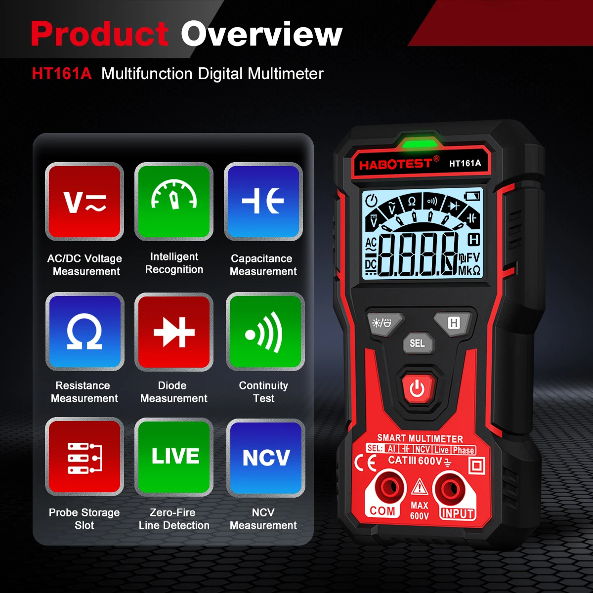 HABOTEST HT161A Multifunction Digital Multimeter Auto-ranging Measurement Capacitance and Resistance Testing Backlit Display