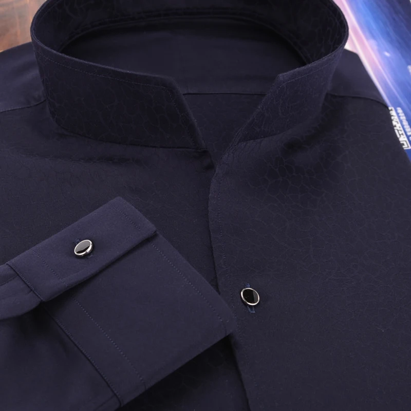 Men's Standing Collar Long-Sleeved Shirt - Slim Fit No-Iron Wool Blend Warm for Autumn & Winter