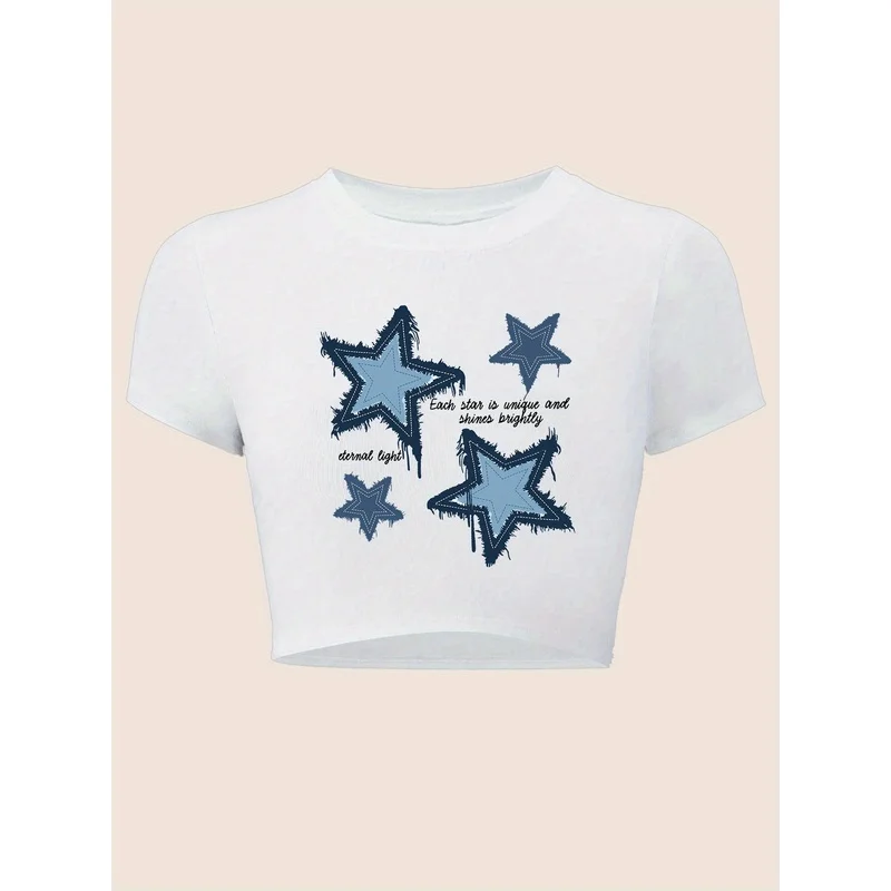 Five-pointed star print short-sleeved round-neck top, casual and fitted, with a cropped designT Shirt