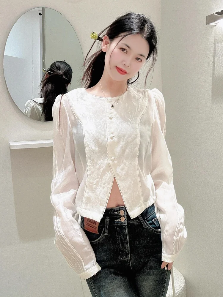 

Retro round Ne ort Sve Long Sve Embroidered irt Autumn New Sle Versatile Quali Women's Busin Casual Top