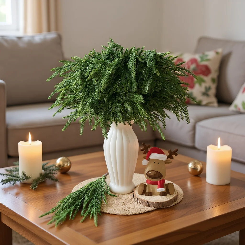 

Christmas Norfolk Pine Branches Artificial flowers DIY Wreath Faux Norfolk Pine Stems Needles for Xmas Indoor Home Garden Decor