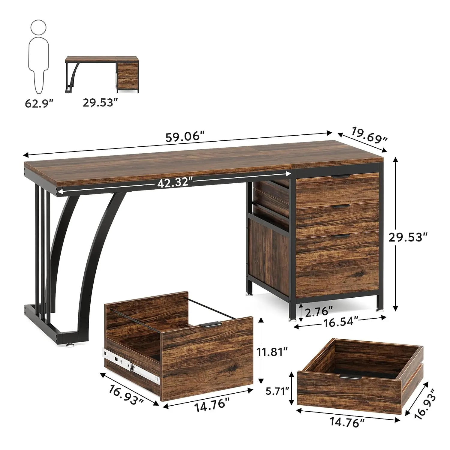 59 Inch Computer Desk with 3 Drawers & File Storage, Industrial Study Writing Workstation Large Desktop Metal Frame, Customized