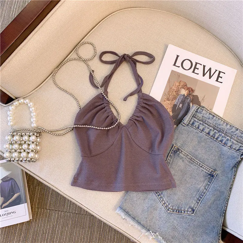 2025 Summer New Girl's Neck Hanging Small Strap Outerwear Short Bottom Top with Bareback Strap