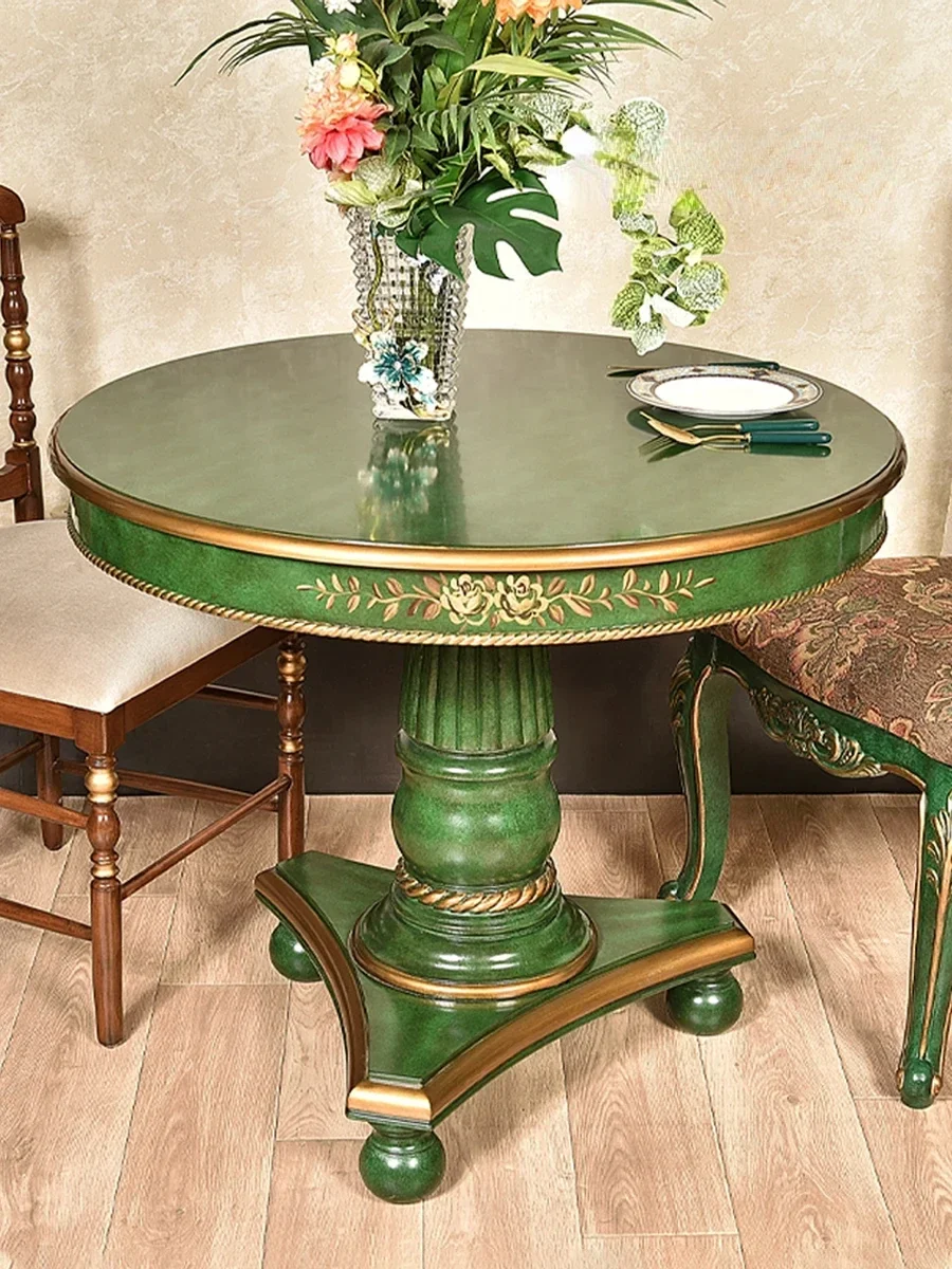 American Country round Dining Table and Chair Distressed Solid Wood Dining Desks Retro Green Hand Painted Golden Outline