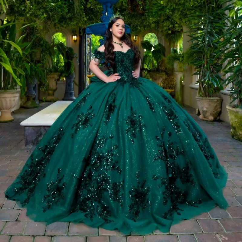 

Темно-зеленые блестящие платья Quinceanera с открытыми плечами и аппликацией из кружева и бусин, тюлевой корсет для вечеринки, дня рождения, милое платье 16, Vestidos 15