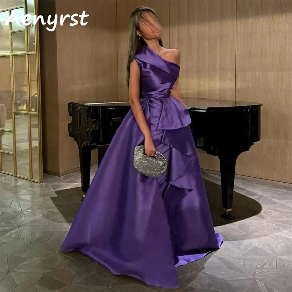 Aenyrst Grape Purple One Shoulder Prom Dresses Mermaid Satin Pleated Cocktail Gowns Sweep Train Party Dress Long فساتين السهرة