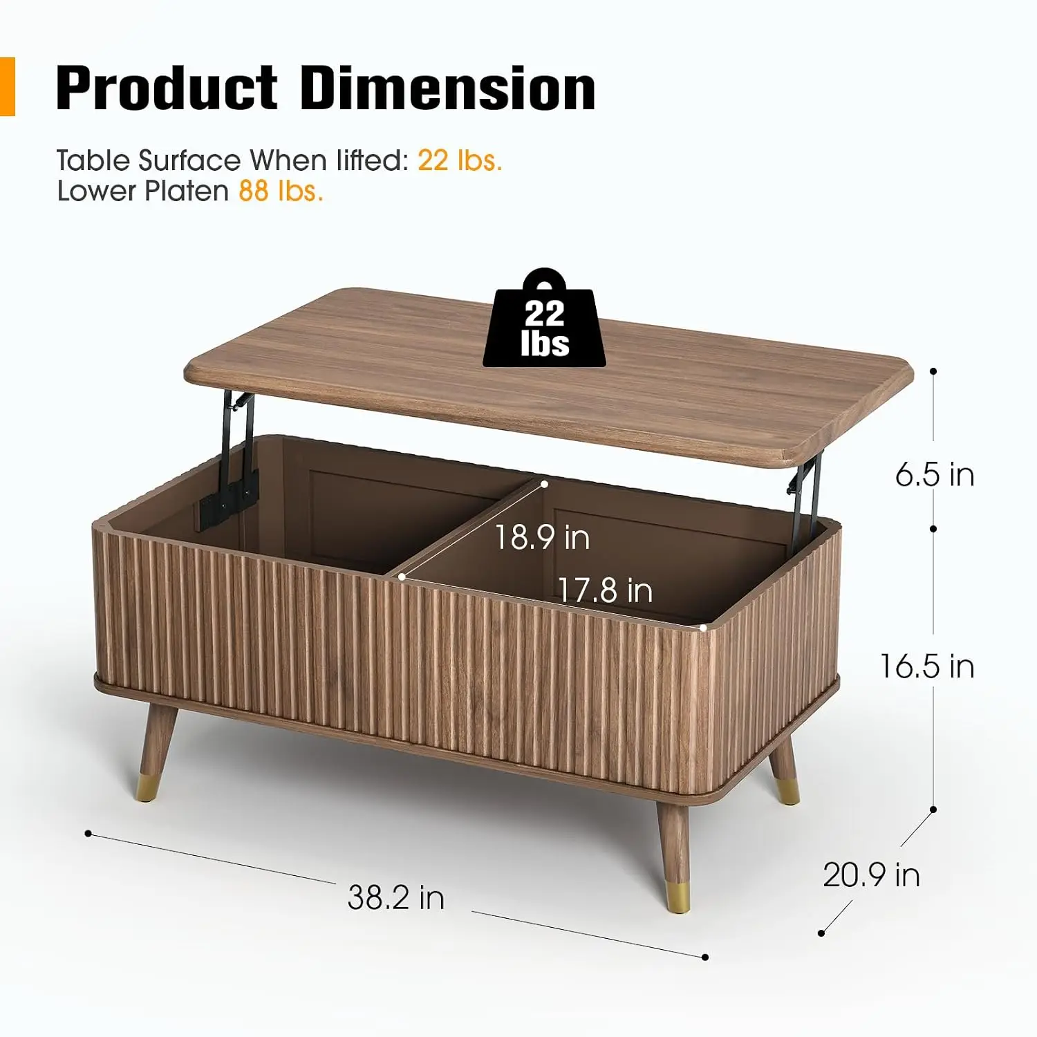 Lift Top Coffee Table with Hidden Storage, Mid Century Modern Fluted Design for Living Room, 38