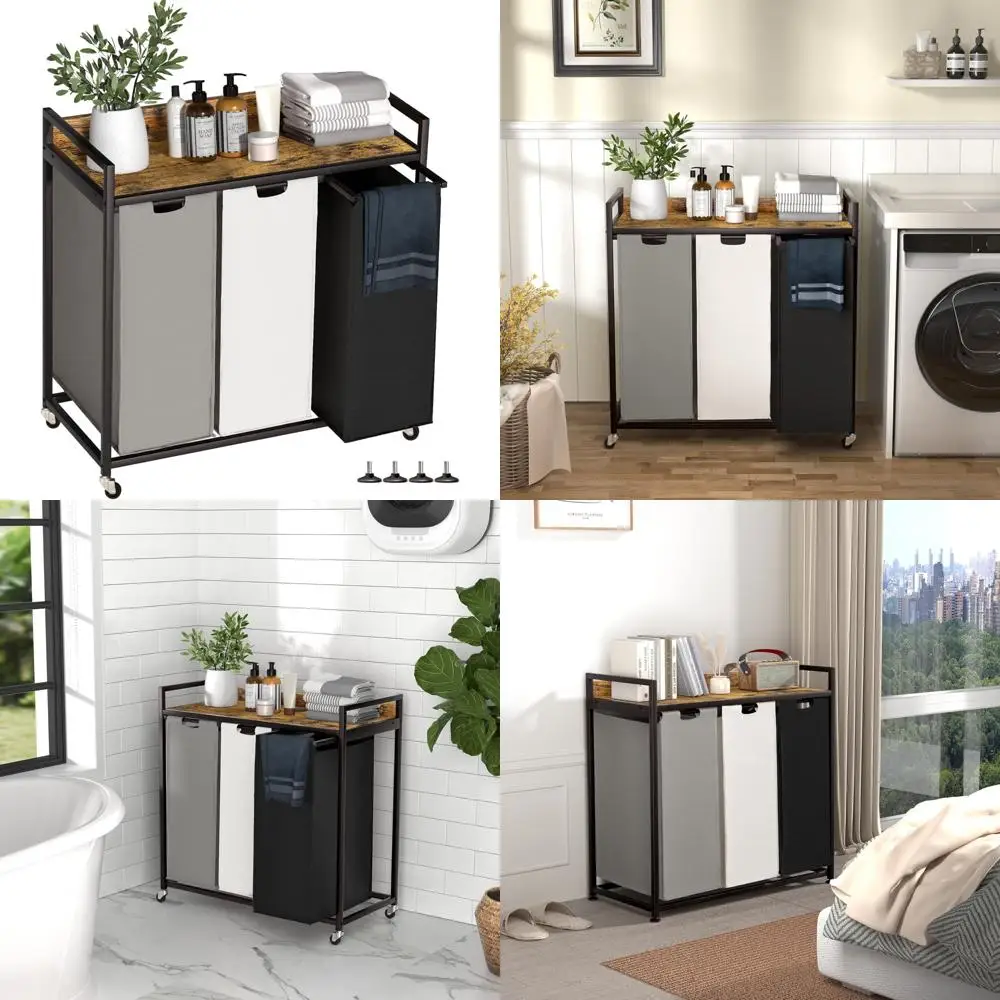 

3-секционная корзина для белья со съемными пакетами и колесиками