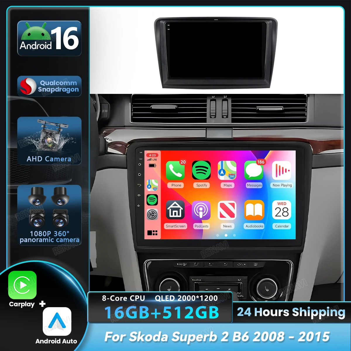 Android 16 Carplay Car Radio For Skoda Superb 2 B6 2008 2009 2010 2011 2012 2013 2014 2015 Multimedia Player Autoradio BT Stereo