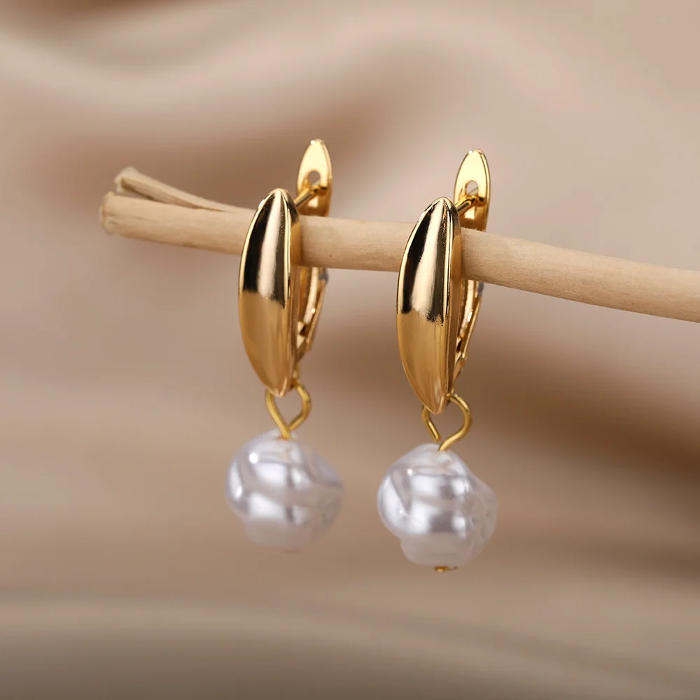 Vintage Baroque Imitation Pearl Dangle Earrings For Women Stainless Steel Ear Clip Circle Earrings Female Jewelry Party Gift