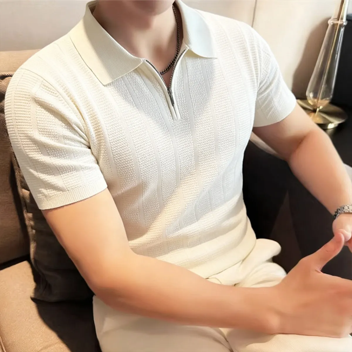 

2026 Summer Half Zipper Knitted Polo Shirt Men Short Sleeve Flip Collar Casual T-shirt Breathable Office Social Polo T-shirts