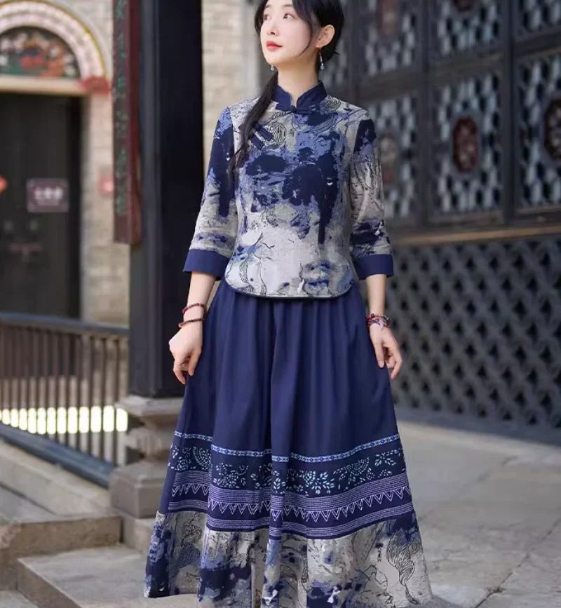 طقم بلوزة وتنورة نسائية من القطن والكتان شيونغسام من العناصر الكلاسيكية الصينية