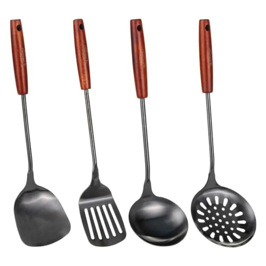 Juego de utensilios de cocina de acero inoxidable 304 de 4 piezas: espátula para wok de 17 pulgadas, cuchara espumadera y espátula ranurada.